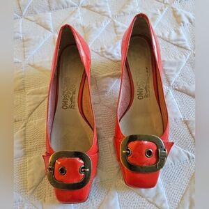 Salvatore Ferragamo Orange Patent Leather Block Heels, Size 6.5